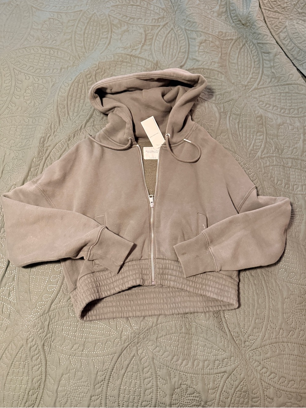 Women's Taupe Abercrombie Cropped Zip-Up Hoodie Jacket